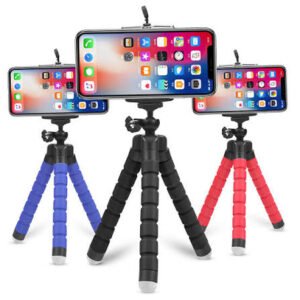 Portable mobile stand holding a smartphone on a desk, adjustable angle, foldable design, anti-slip base, modern lightweight phone holder for hands-free use.
